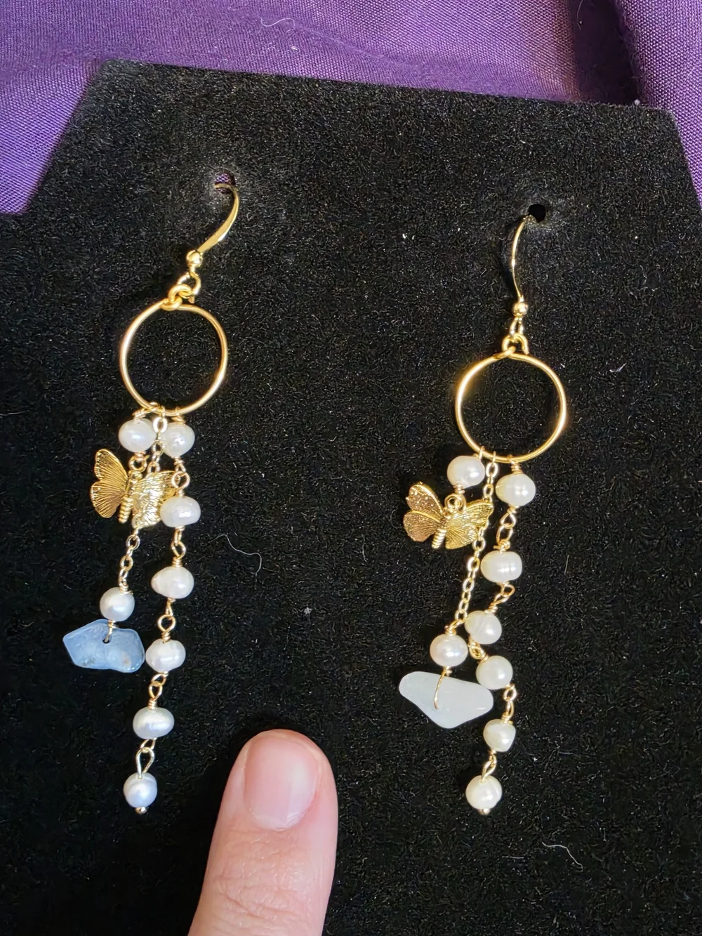 Gold Butterfly Pearl Drop Earrings with White Stone Accent
